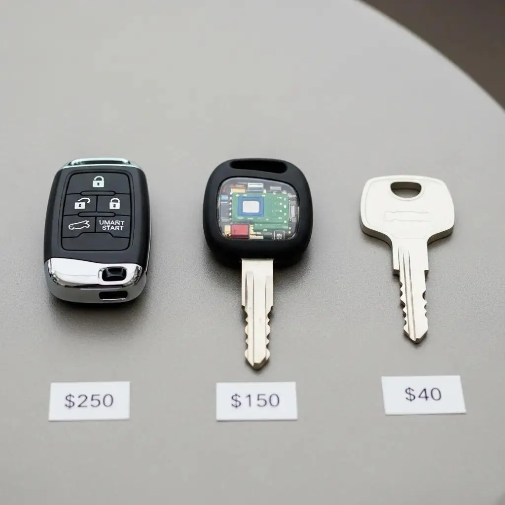 Various vehicle keys with price tags indicating replacement cost examples
