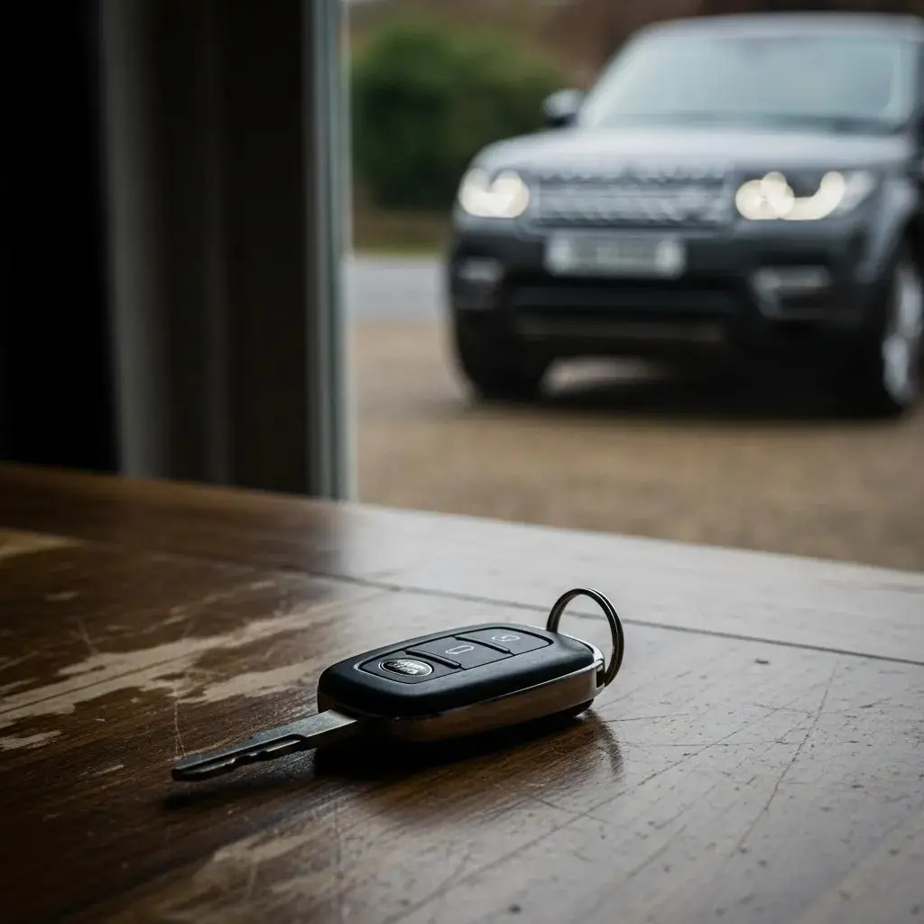 Land Rover key on a table with a blurred Land Rover vehicle in the background