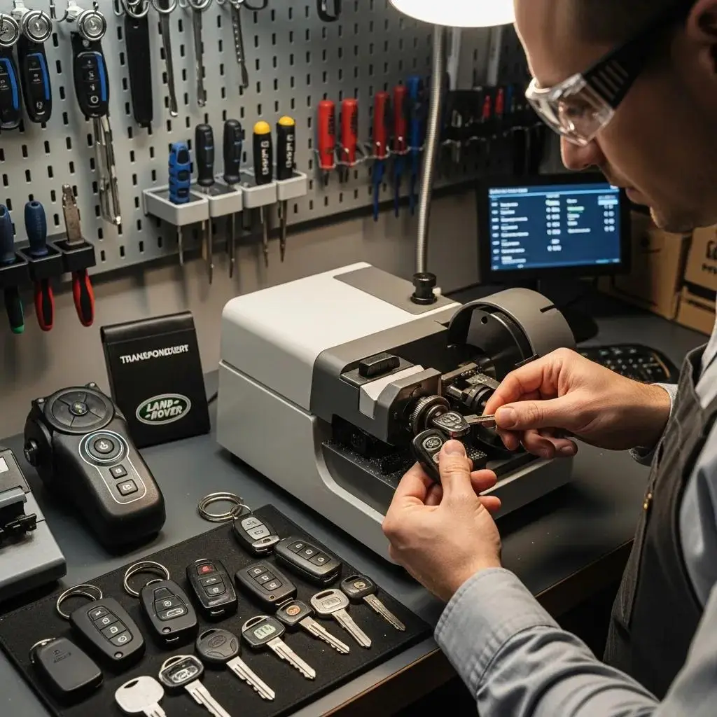 Locksmith cutting a Land Rover key in a workshop setting