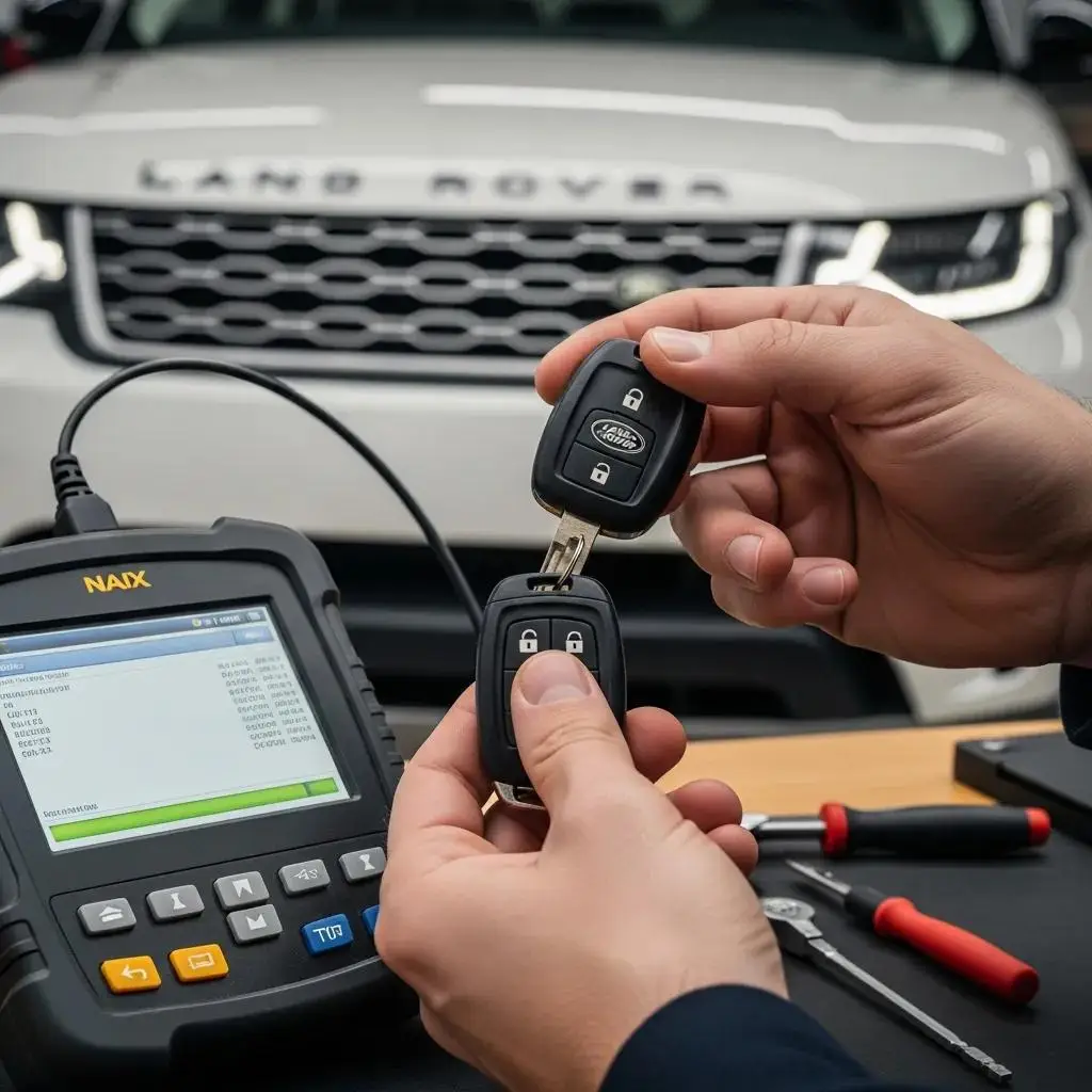 Locksmith programming a Land Rover key with specialized equipment