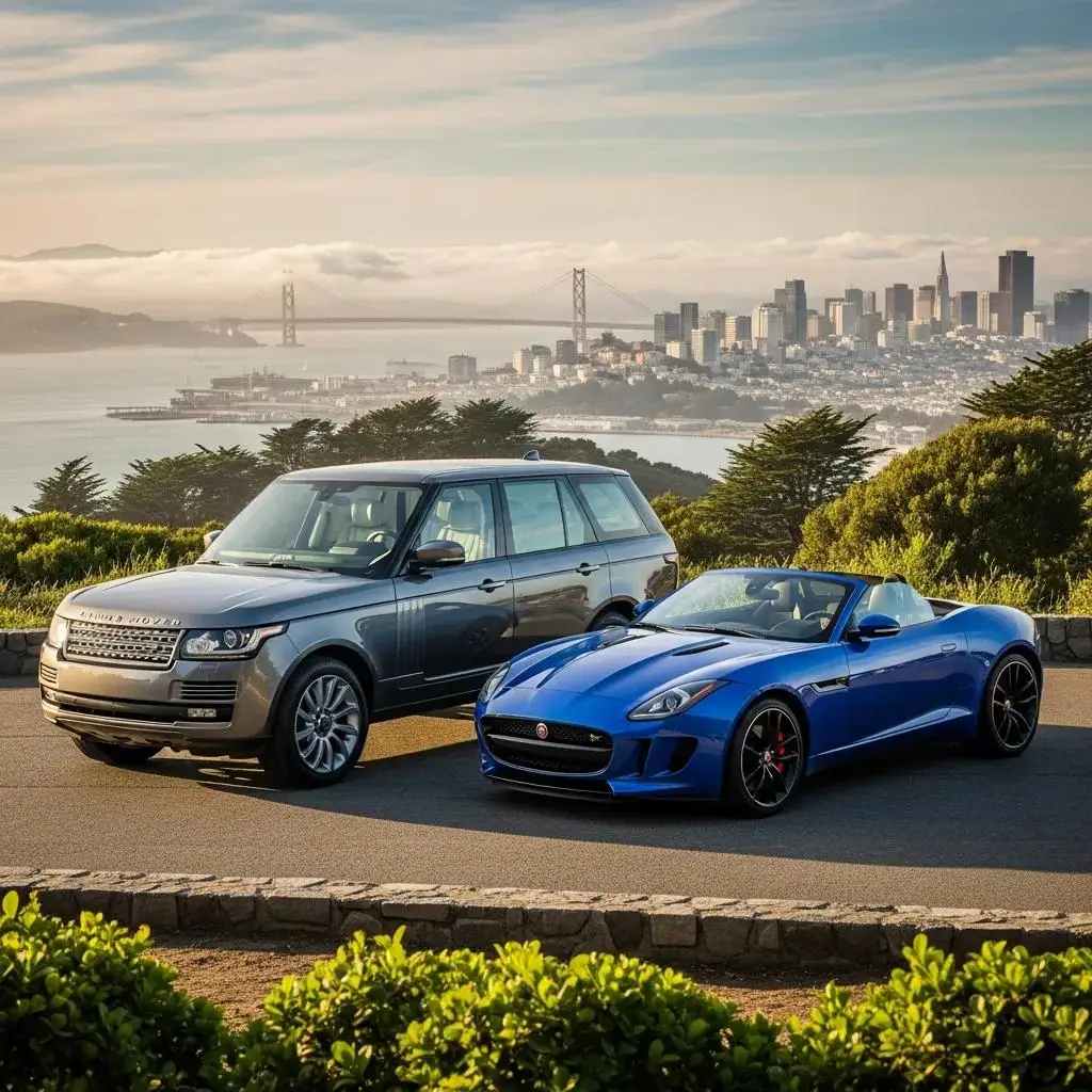 Luxury Land Rover and Jaguar vehicles parked in a scenic San Francisco Bay Area setting