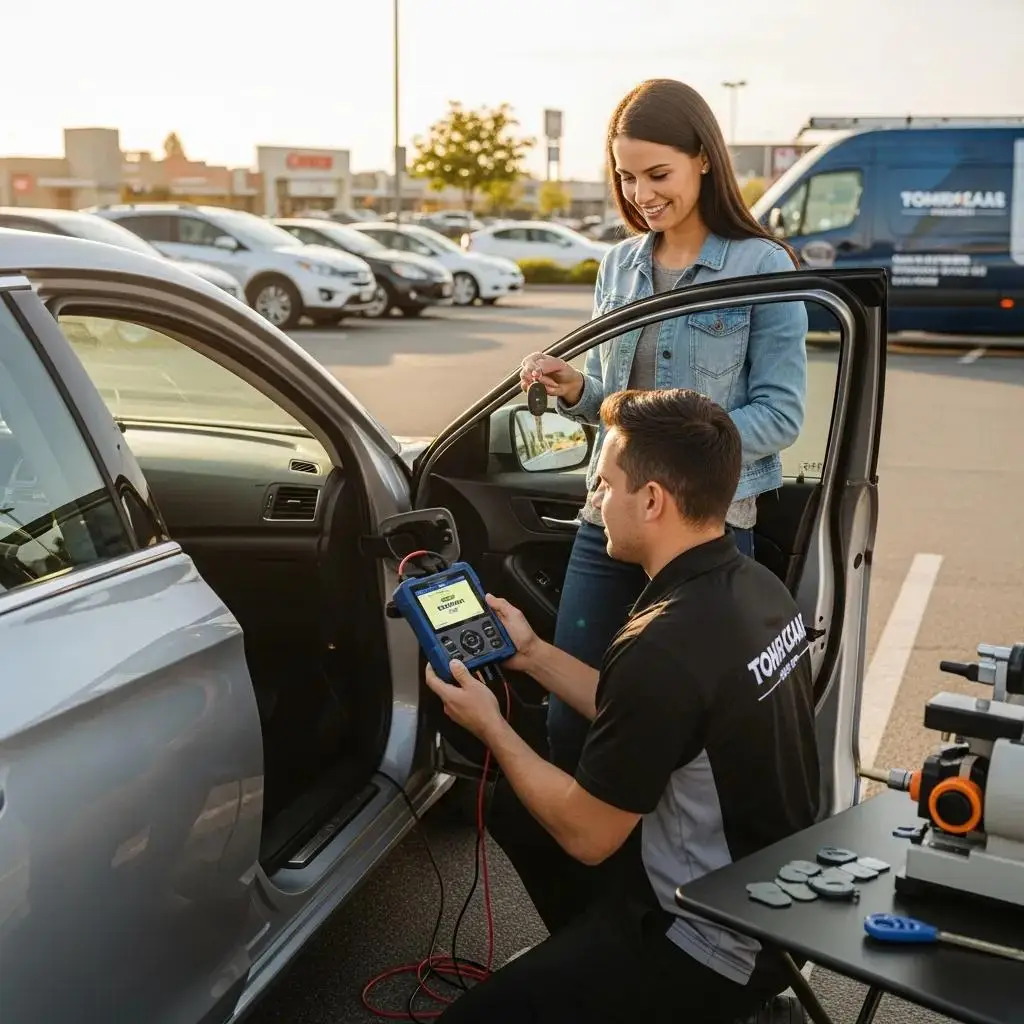 Mobile key replacement technician assisting customer at vehicle