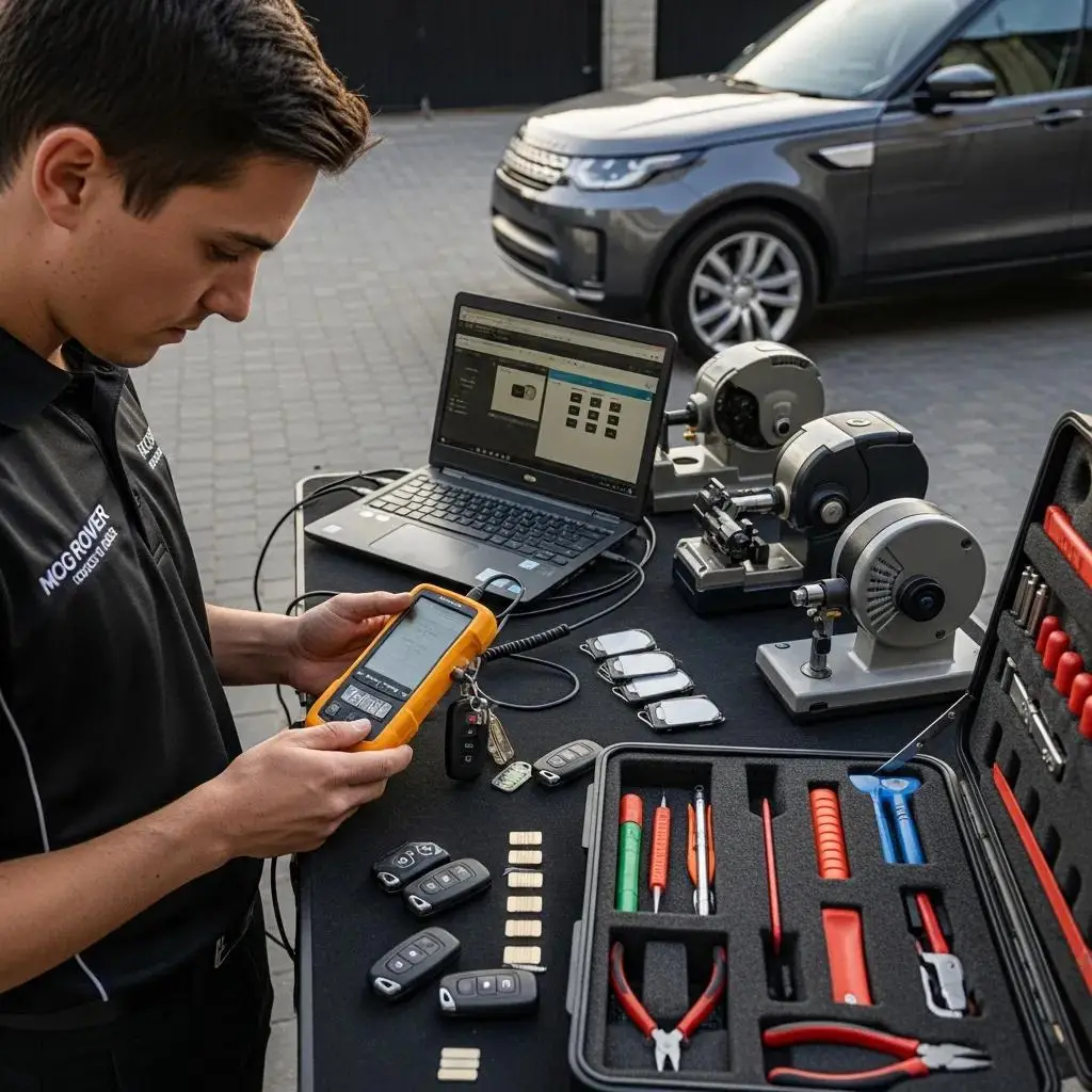 Mobile technician replacing and programming a Land Rover key fob