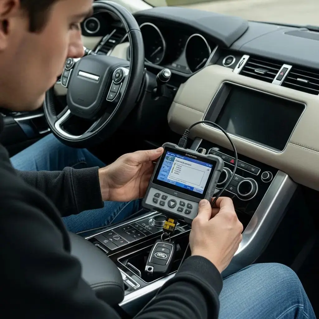Person programming a Land Rover key fob using a diagnostic tool inside a vehicle