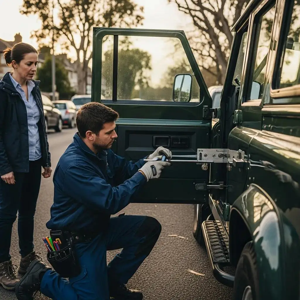 Professional locksmith assisting a Land Rover owner with emergency lockout services