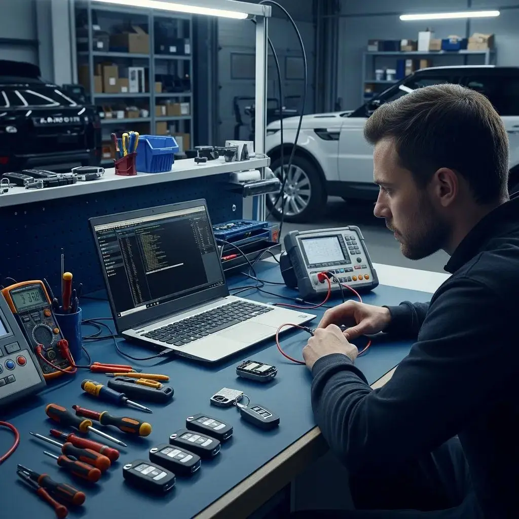 Technician programming a smart key for Land Rover in a workshop