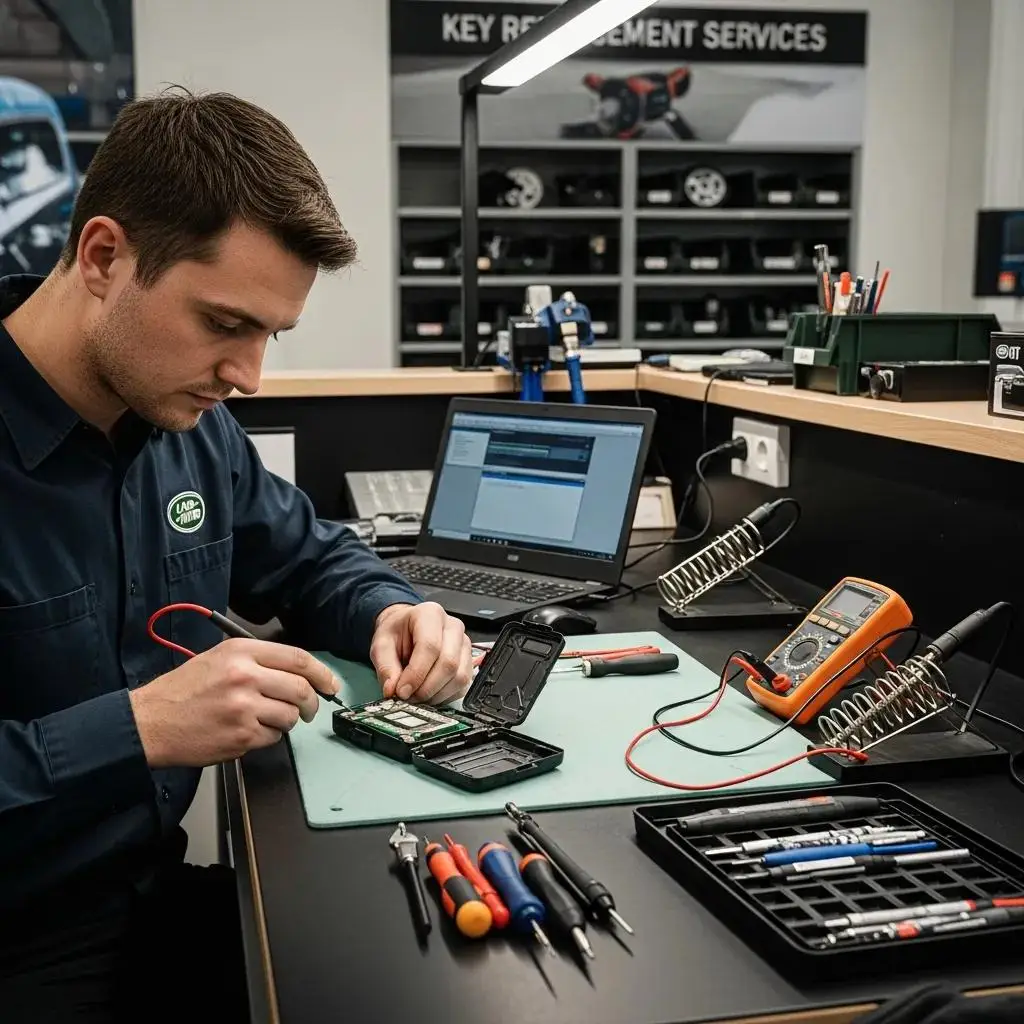 Technician servicing Land Rover key module in a professional setting