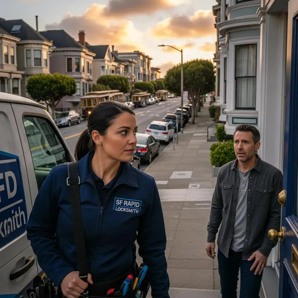Locksmith arriving to assist a homeowner during an emergency lockout in San Francisco, highlighting urgency and service