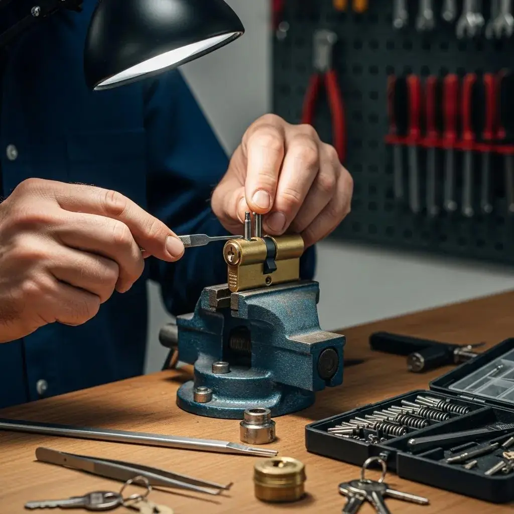 Locksmith rekeying a lock, focusing on the mechanism and tools, illustrating the benefits of rekeying services