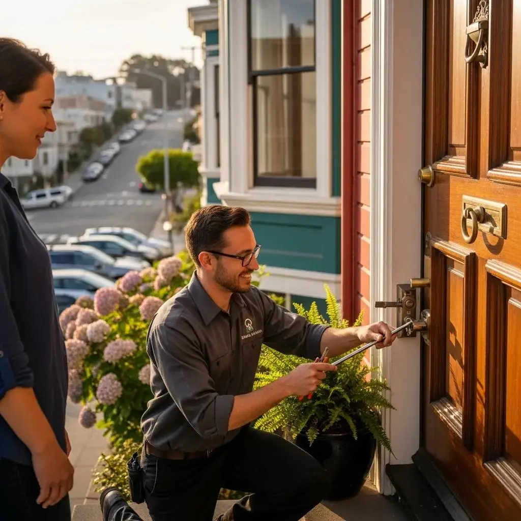 Residential locksmith assisting a homeowner at a front door in San Francisco, emphasizing trust and professionalism