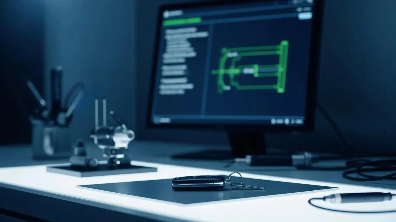 Land Rover smart key on a workspace with diagnostic tools and a computer screen displaying programming information.