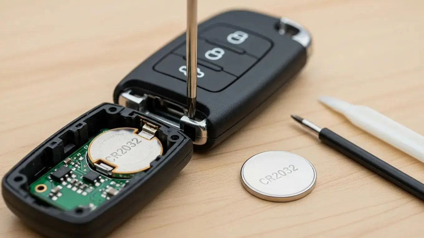Close-up of a Land Rover key fob being opened for battery replacement, showcasing a CR2032 battery alongside tools for maintenance, emphasizing smart key upkeep and troubleshooting tips.
