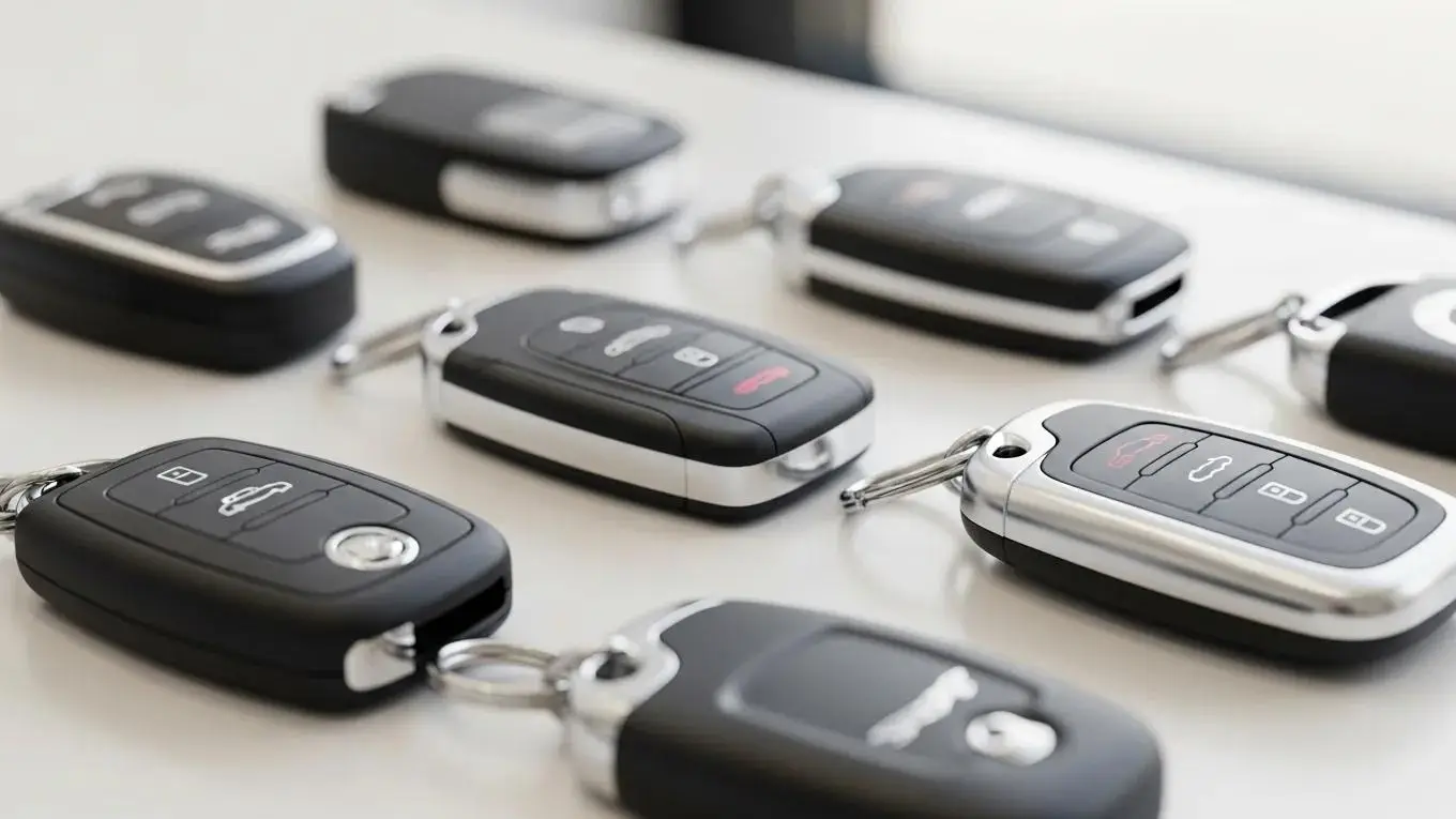Different styles of Jaguar key fobs displayed on a surface, showcasing various designs and functions relevant to key replacement services for Jaguar vehicles.