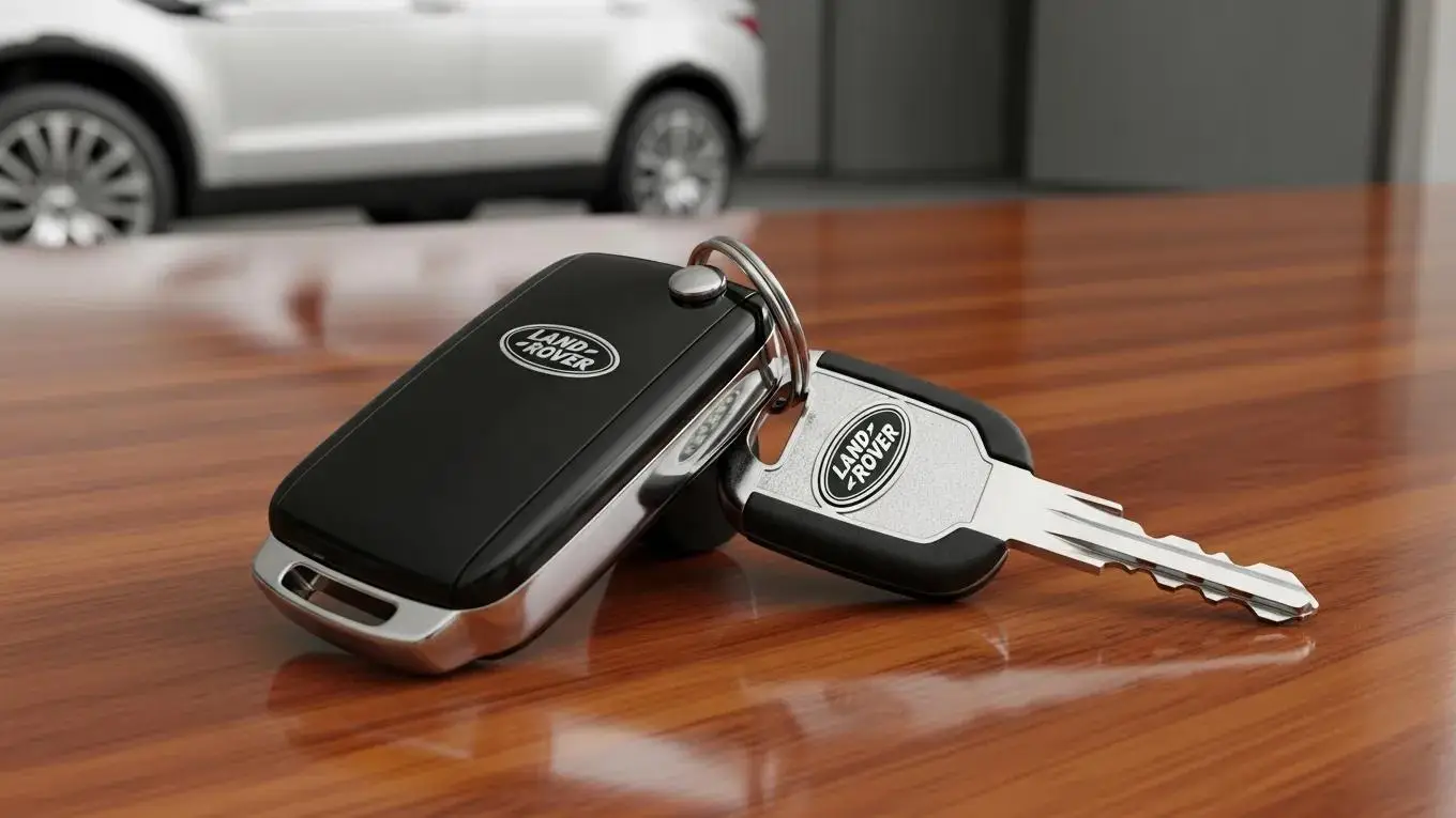 Land Rover key fob and traditional key on wooden table, with Land Rover vehicle blurred in background, illustrating key replacement services.