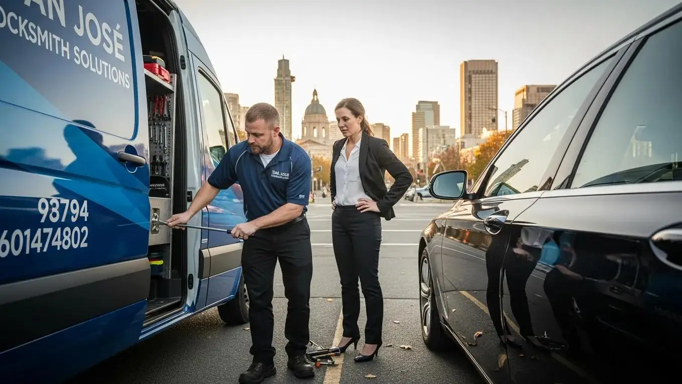 Mobile locksmith assisting a customer with a luxury car lockout in San Jose, showcasing emergency locksmith services for Land Rover and Jaguar vehicles.