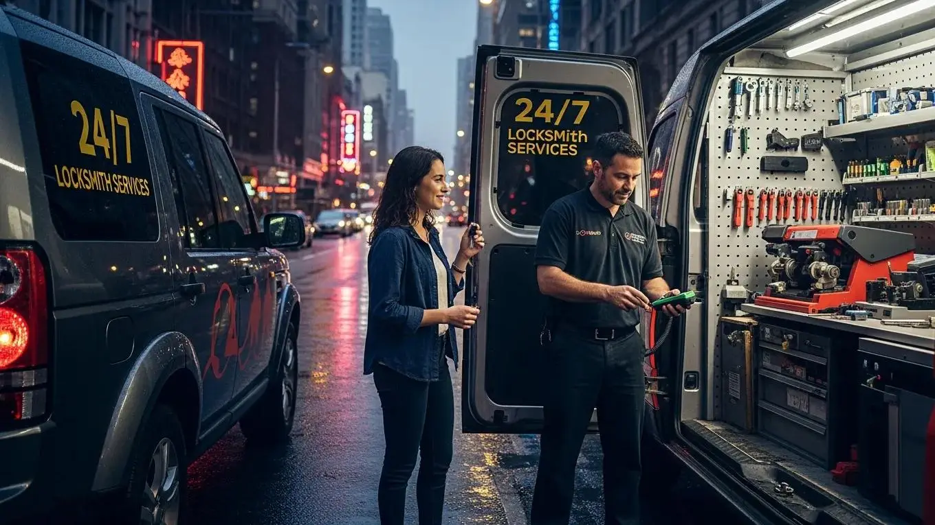 Mobile locksmith assisting a customer with emergency key replacement for a Land Rover in an urban setting, showcasing 24/7 locksmith services.