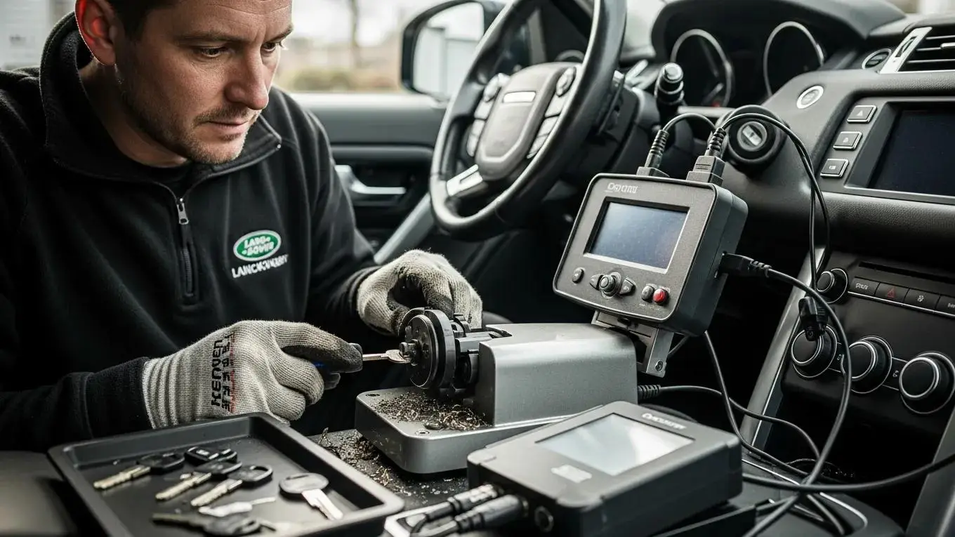 Professional locksmith cutting and programming a new key for a Land Rover vehicle, featuring tools and equipment used for key replacement services.