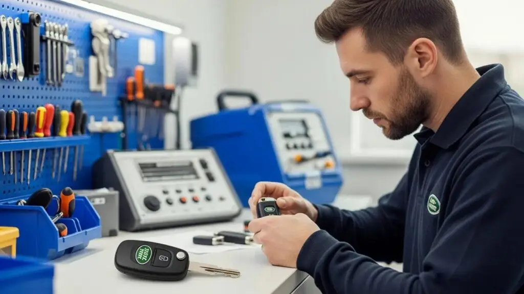 Professional locksmith programming a Land Rover key fob in a workshop, surrounded by tools and equipment, emphasizing key replacement services.