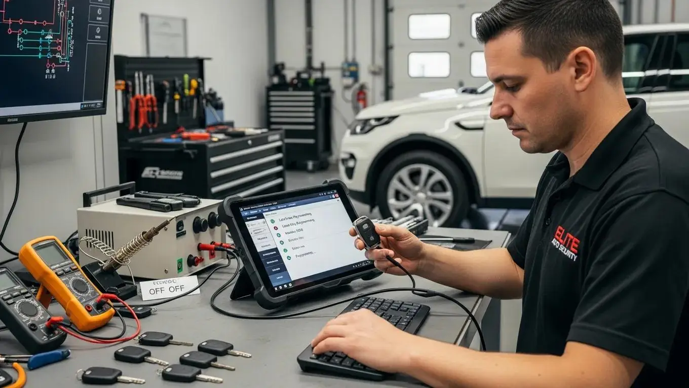Technician programming a Land Rover smart key using diagnostic equipment in a professional workshop, with tools and vehicle in the background.