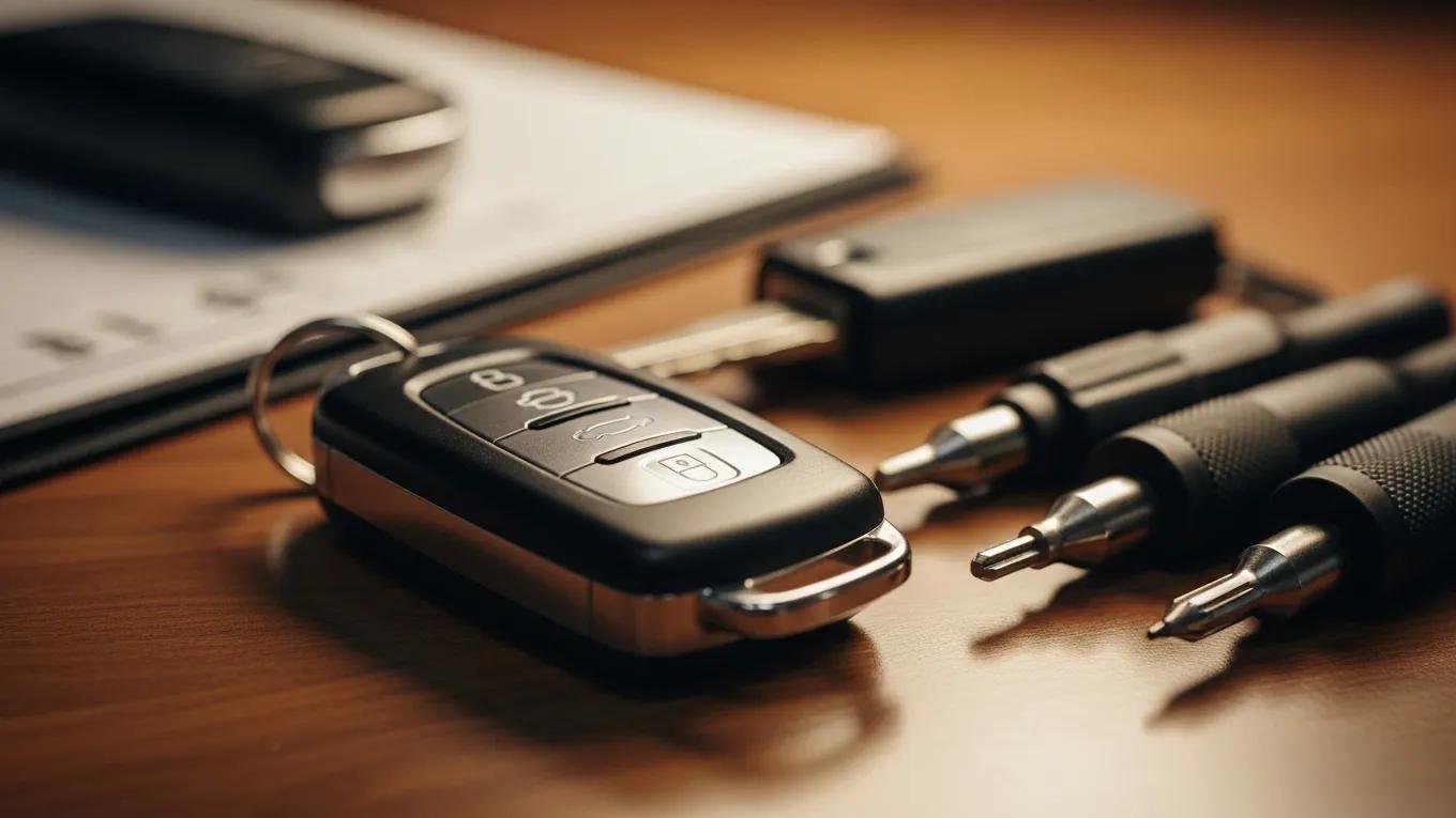 Close-up of a luxury vehicle key fob and programming tools, emphasizing key replacement practices