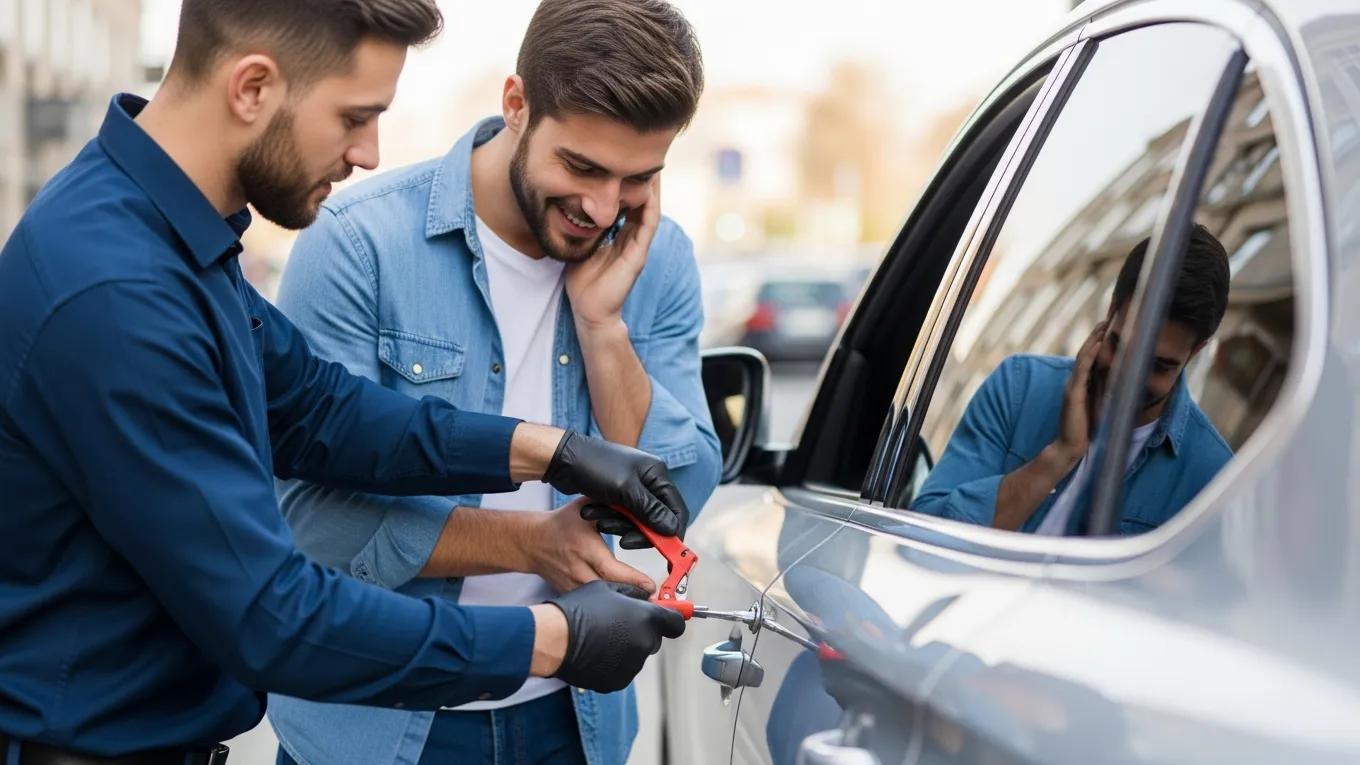 Professional locksmith assisting a luxury vehicle owner during a lockout situation, showcasing emergency services